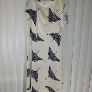 Worthington One-Shoulder Cream Dress with Black Bird Design